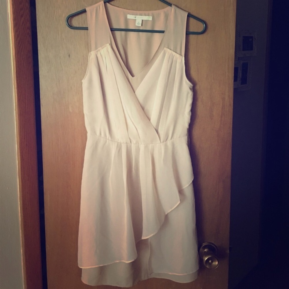 Tan dress with shear pleated overlay